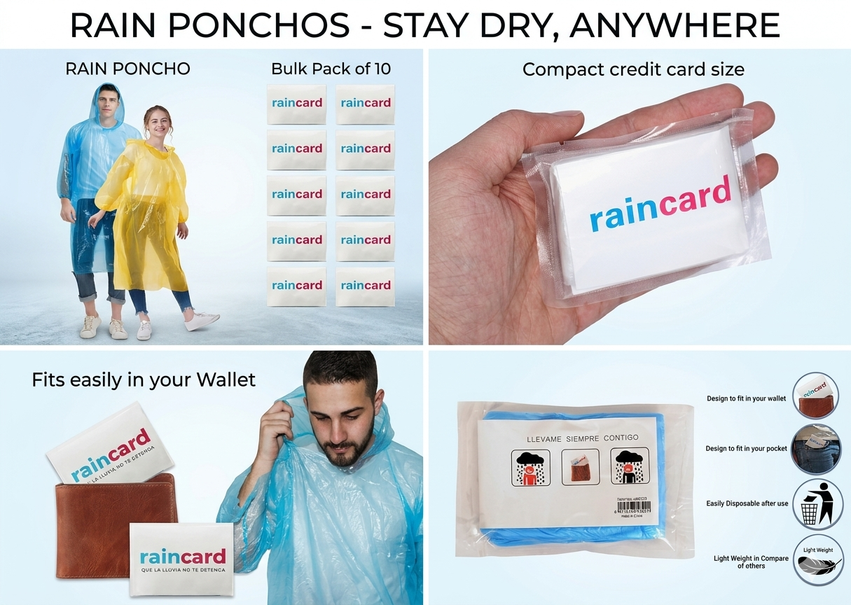 Pocket Rain Card for Men & Women – Disposable Water-Resistant Raincoat with Hood – Lightweight, Compact & Travel-Friendly Rainwear – Free Size, Random Colors